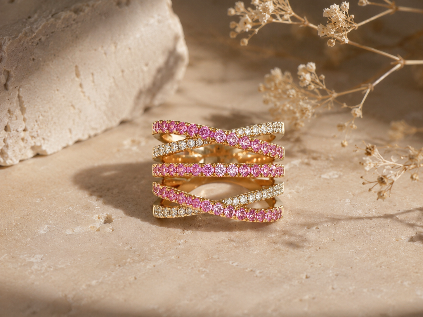 Multi Interlocked Pink Sapphire and Diamond Band Pink Sapphire