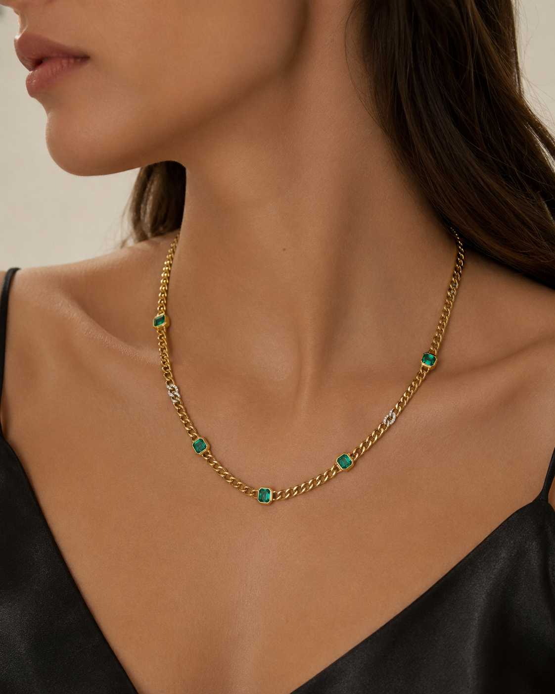 Emerald & Diamond Curb Station Necklace Emerald