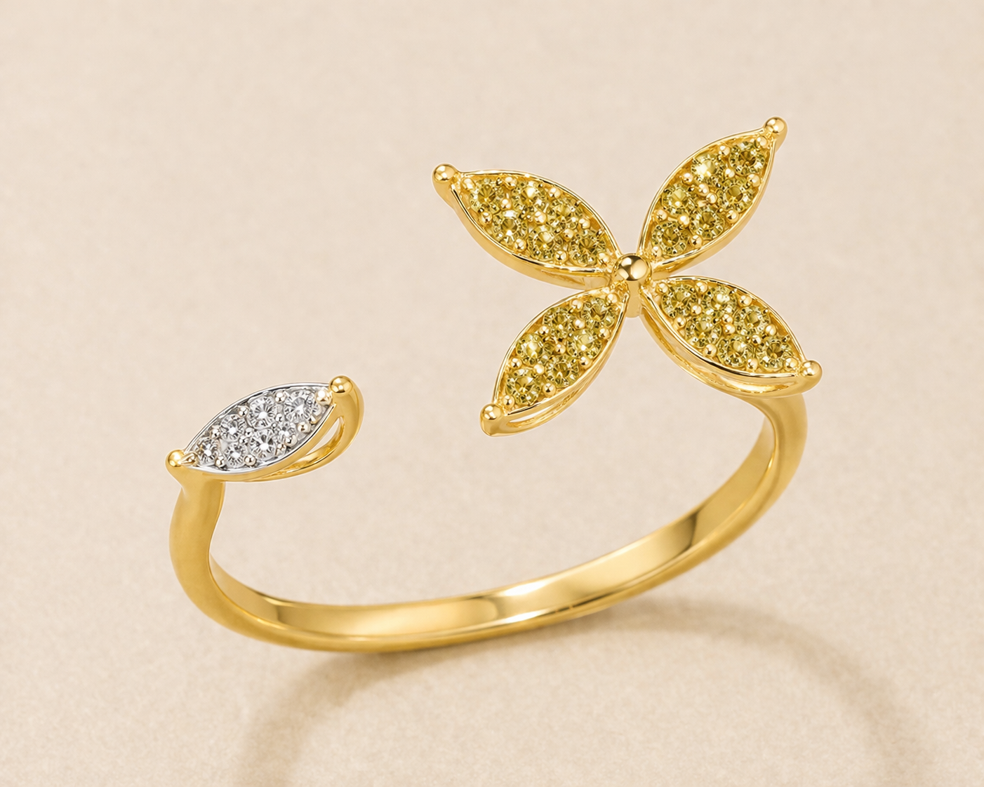 Yellow & White Diamond open Floral Ring Yellow Diamond