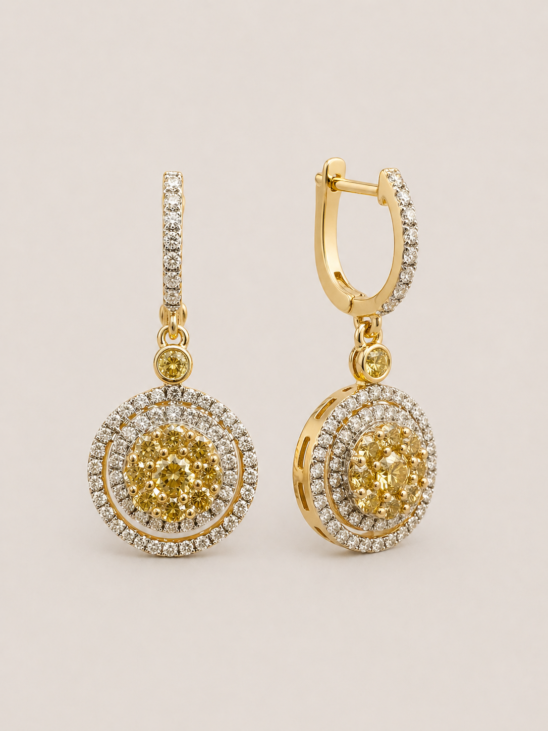 Yellow and White Diamond Dual Halo Drop Earrings Yellow Diamond