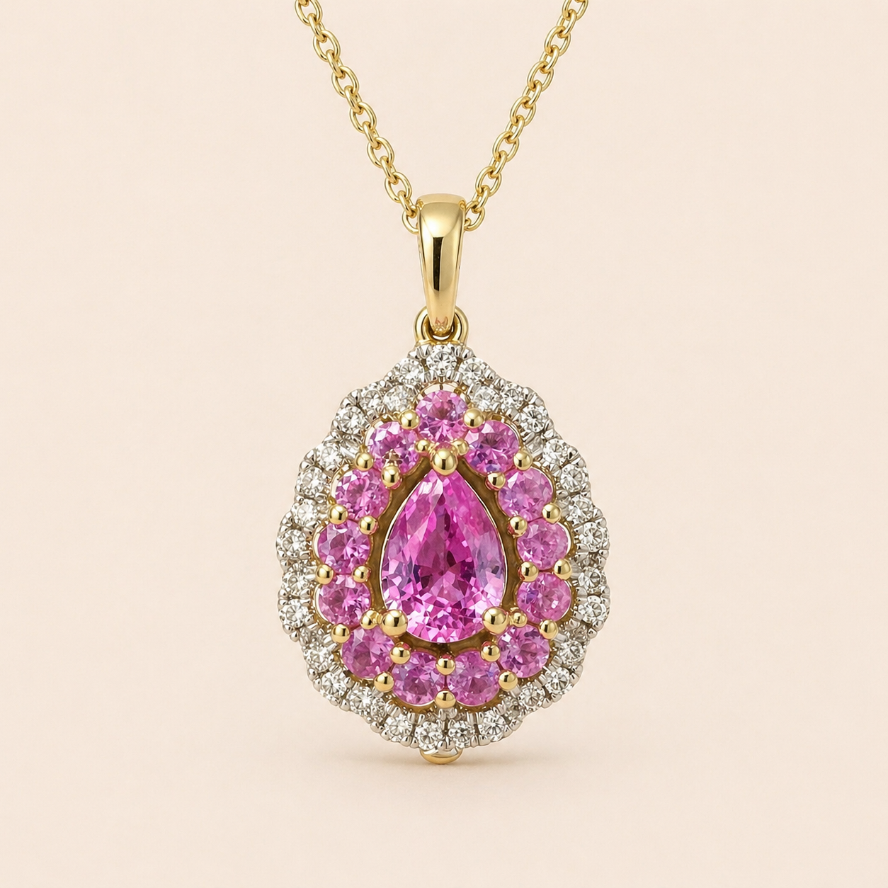 Radiating Pear Halo Pendant Pink Sapphire