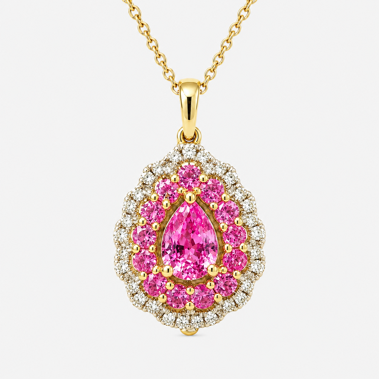 Radiating Pear Halo Pendant Pink Sapphire