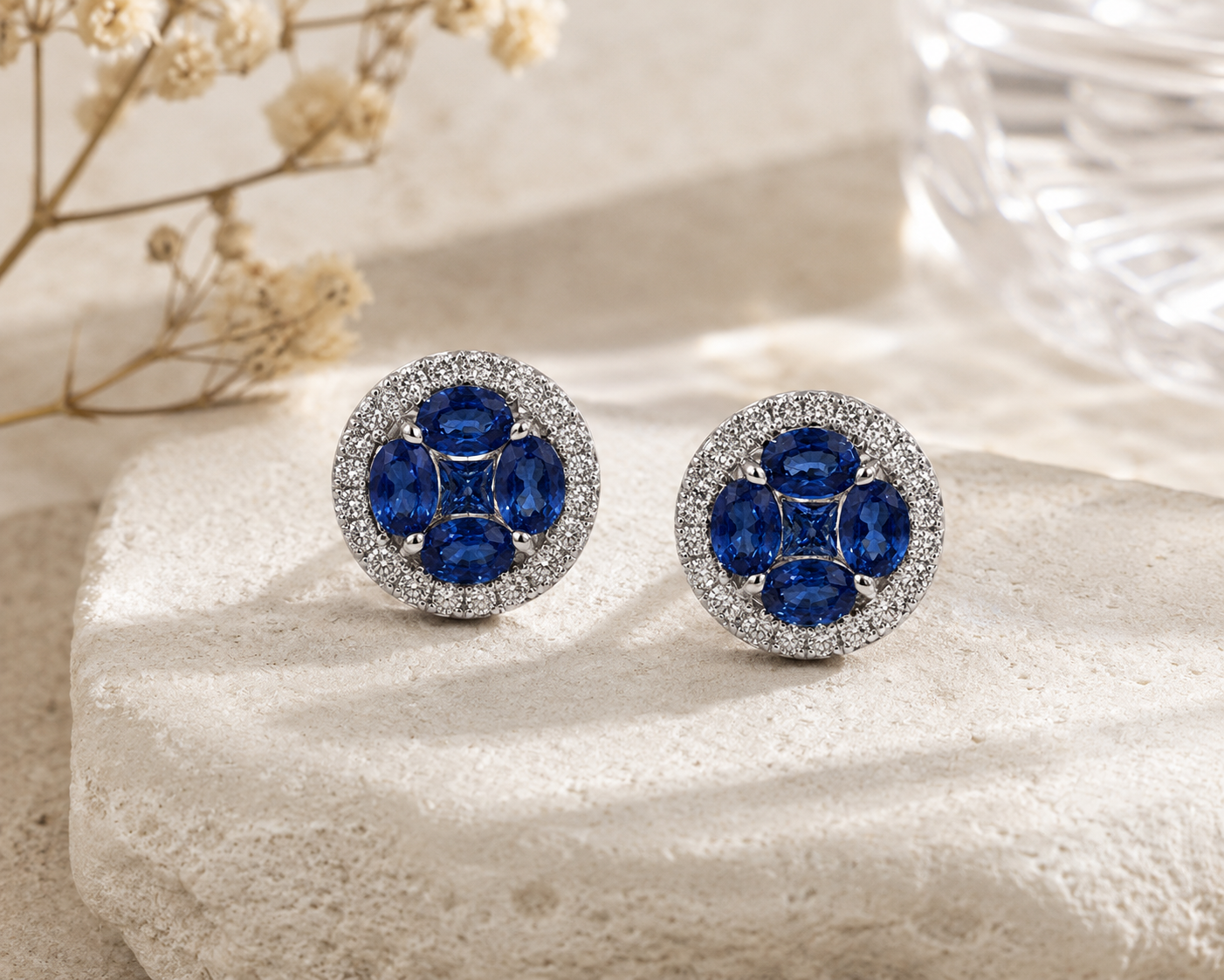 Blue Sapphire and White Diamond Clover Studs Blue Sapphire