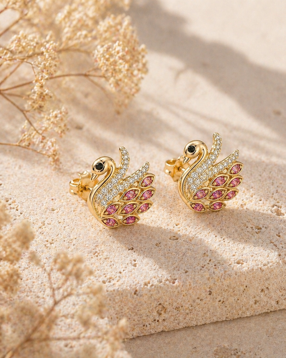 Pink Feathered Swan Studs KALLATI