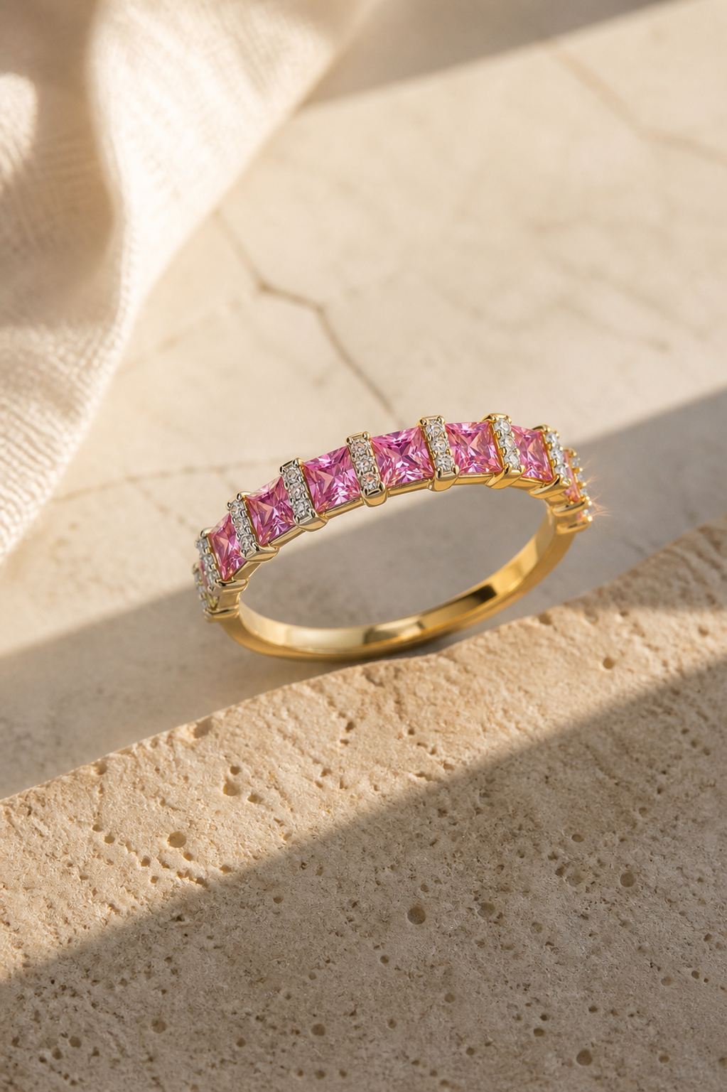 Princess Pink Sapphire & White Diamond Band Ruby