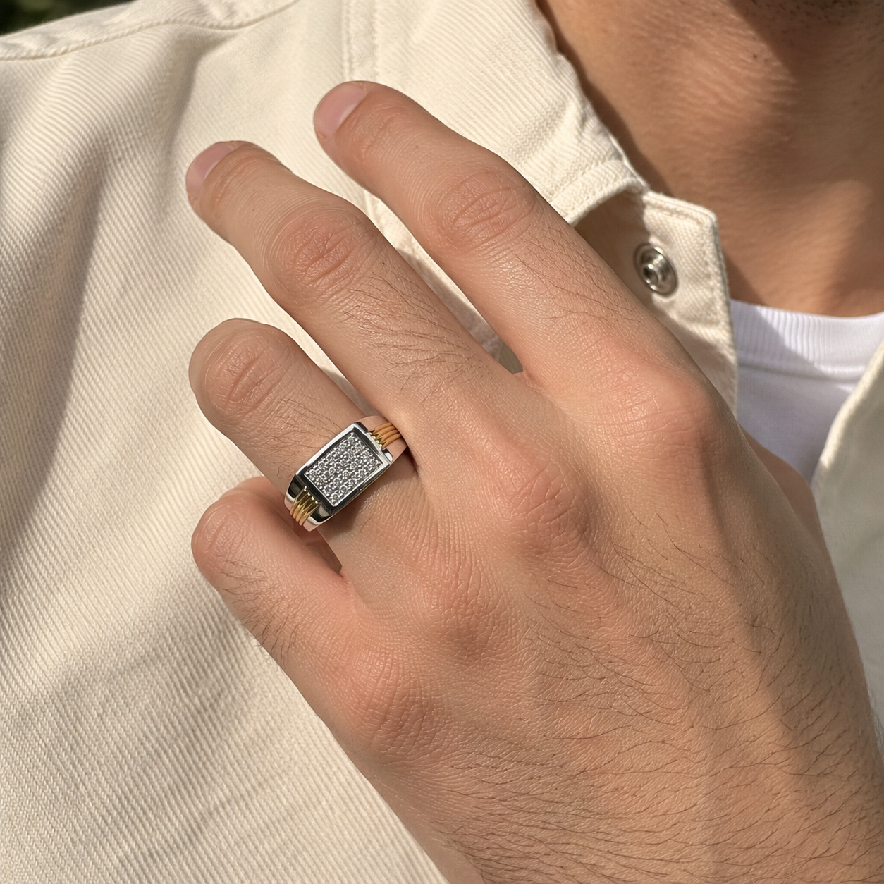 Two Tone Diamond Ribbed Men's Signet Ring White Diamond