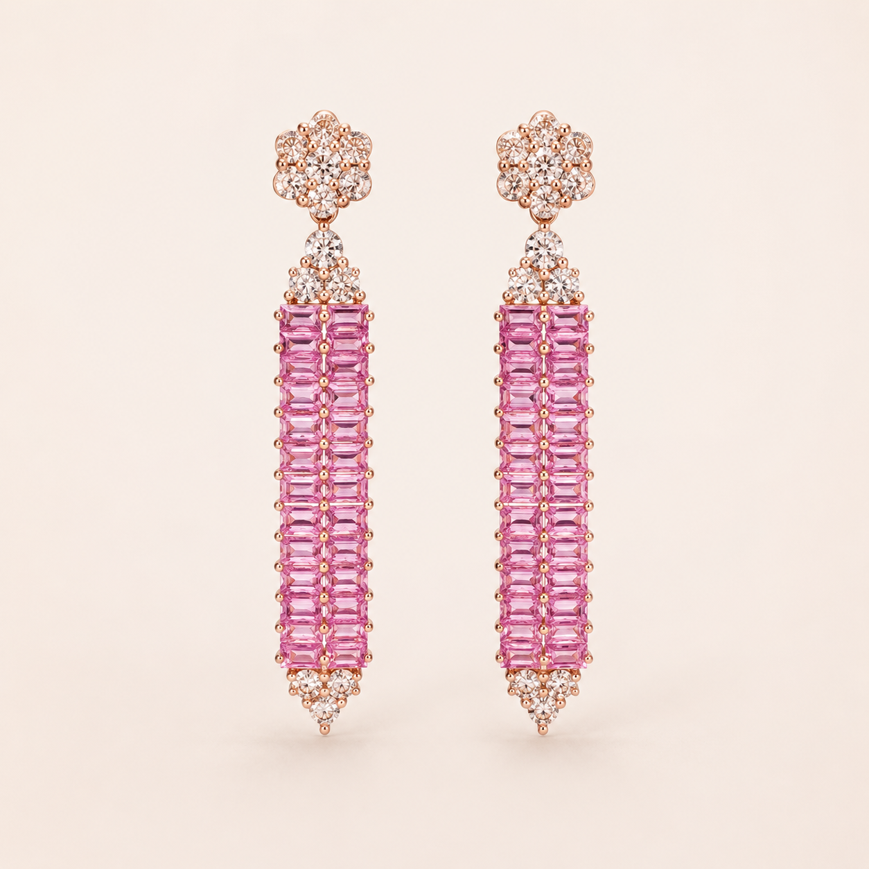 Baguette Pink Sapphire and Diamond Tennis Earrings Pink Sapphire