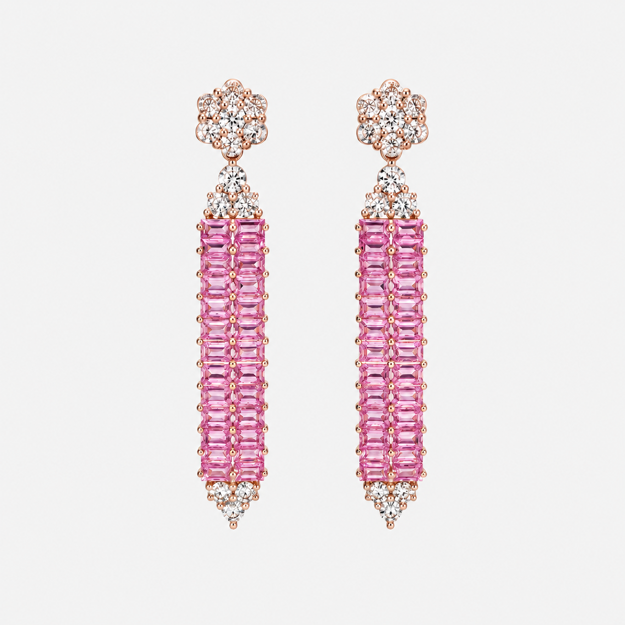 Baguette Pink Sapphire and Diamond Tennis Earrings Pink Sapphire