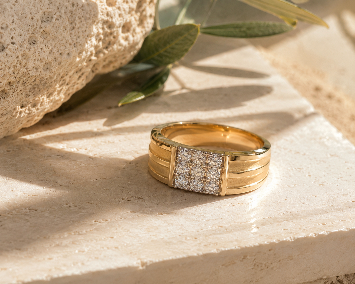 Ribbed Diamond Mens Ring