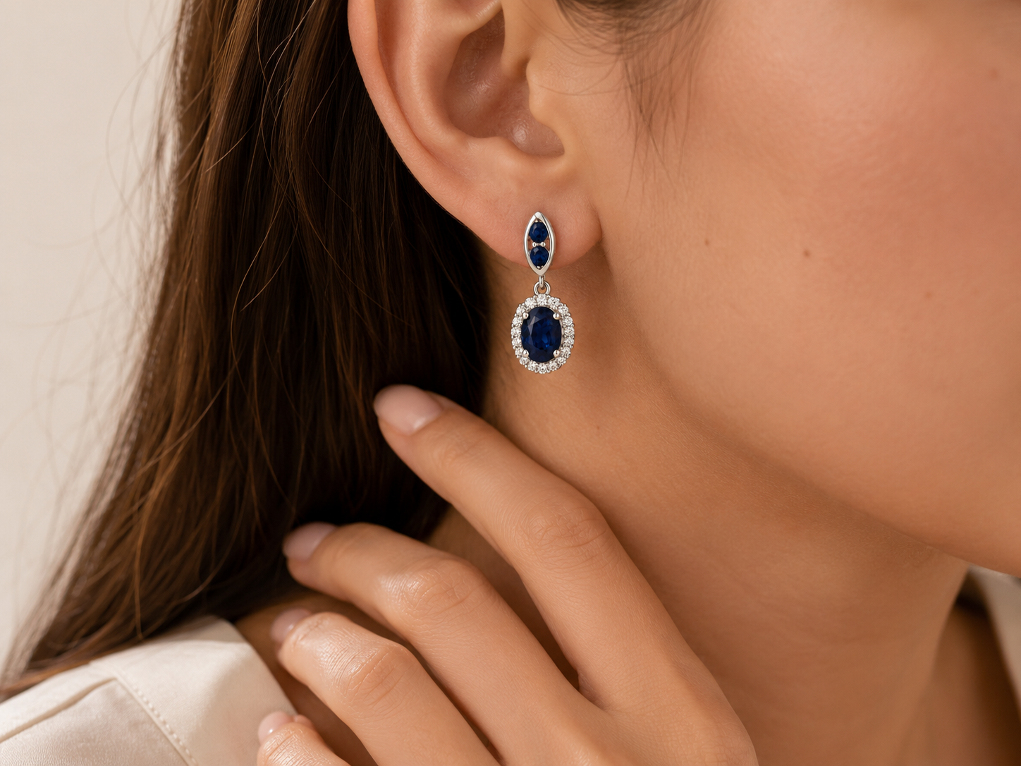 Oval Blue Sapphire and White Diamond Drops Blue Sapphire