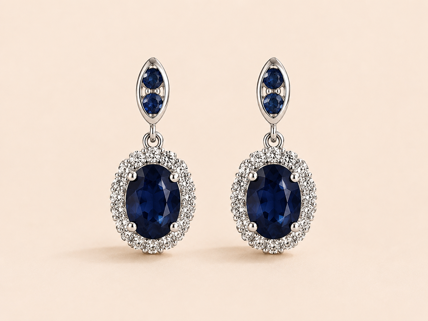 Oval Blue Sapphire and White Diamond Drops Blue Sapphire