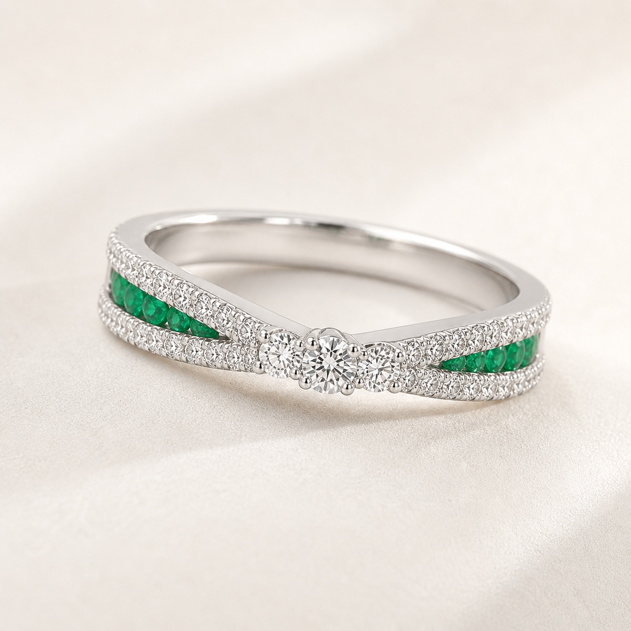 Criss Cross Diamond and Emerald Ring Emerald