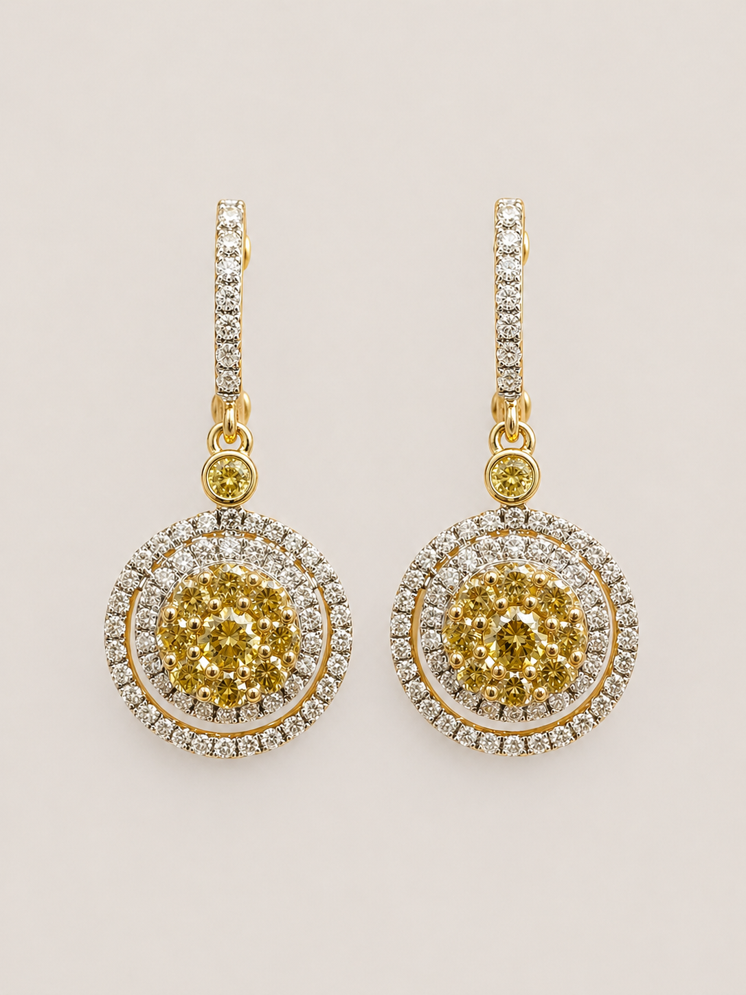 Yellow and White Diamond Dual Halo Drop Earrings Yellow Diamond