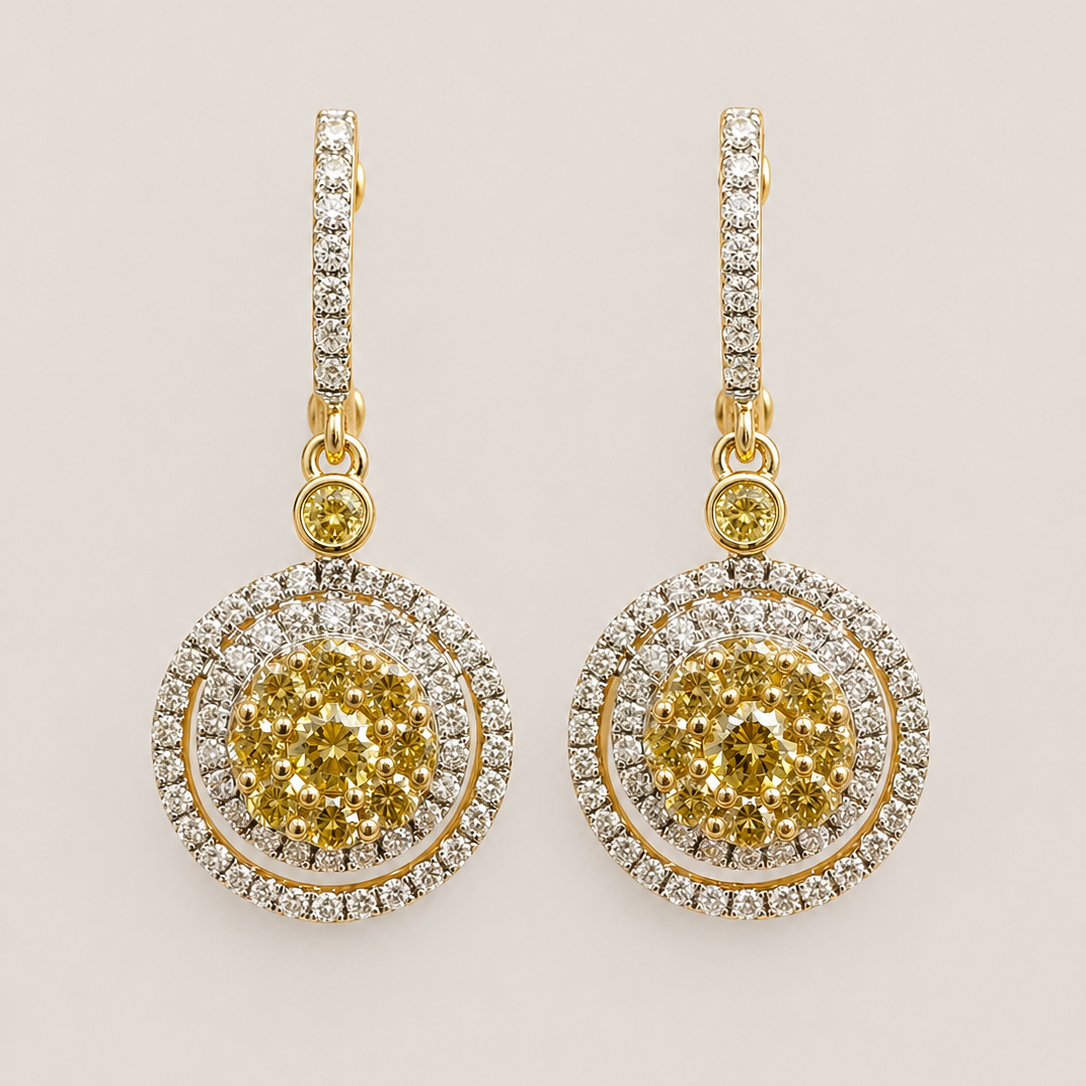 Yellow and White Diamond Dual Halo Drop Earrings Yellow Diamond