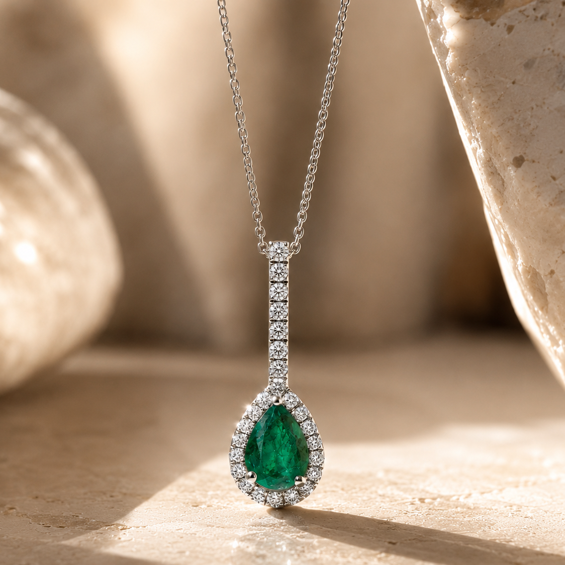 White Gold Diamond Emerald Pendant Emerald