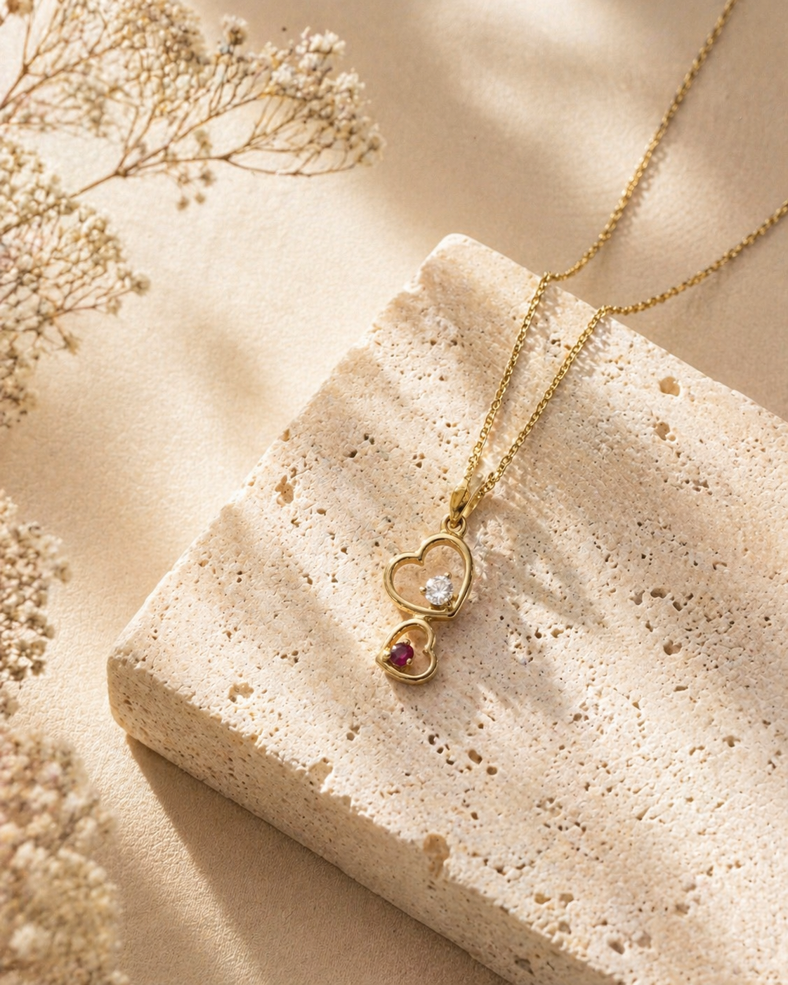 White Diamond & Ruby Stacking Heart Necklace hearts