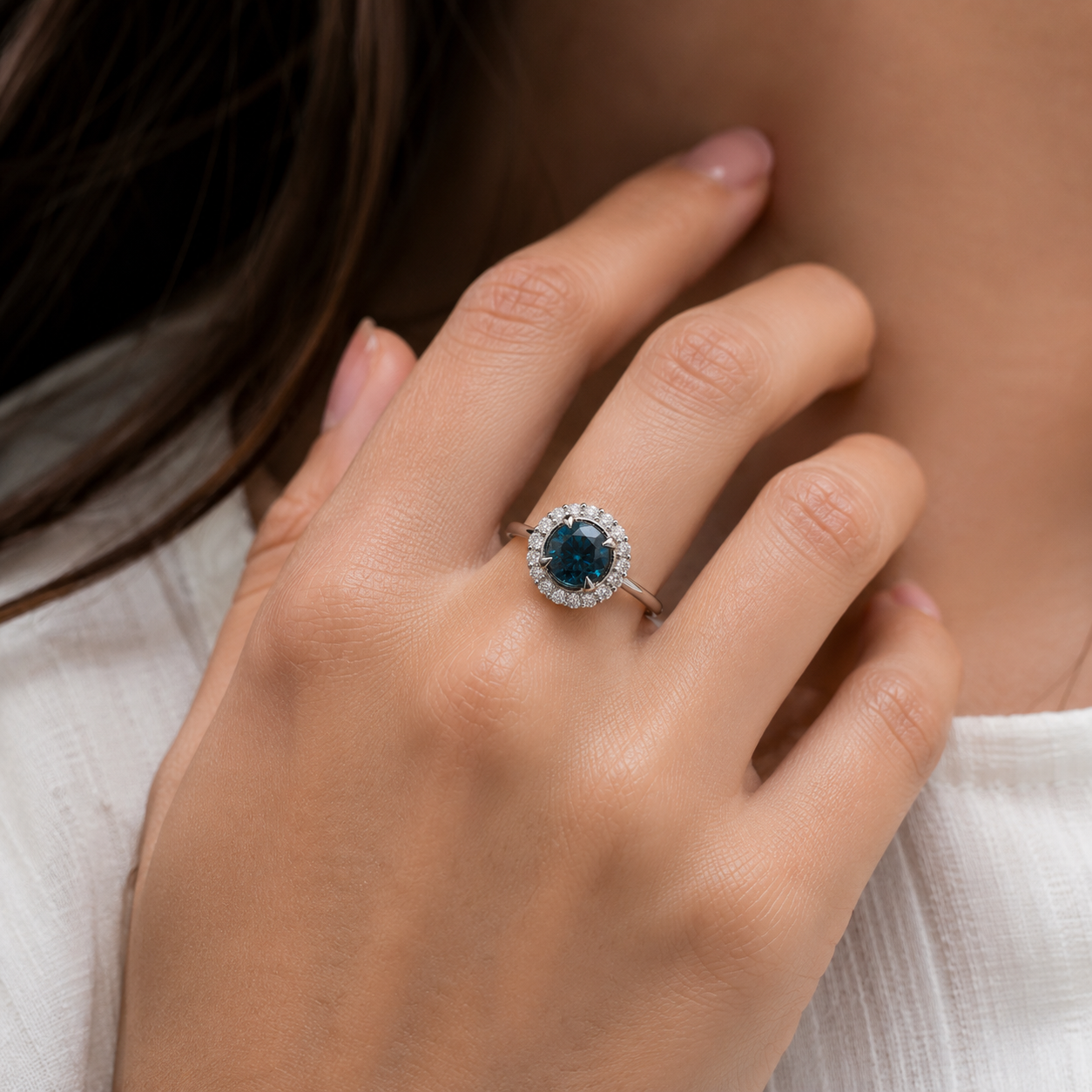 Curved Halo Blue Diamond Ring blue diamond