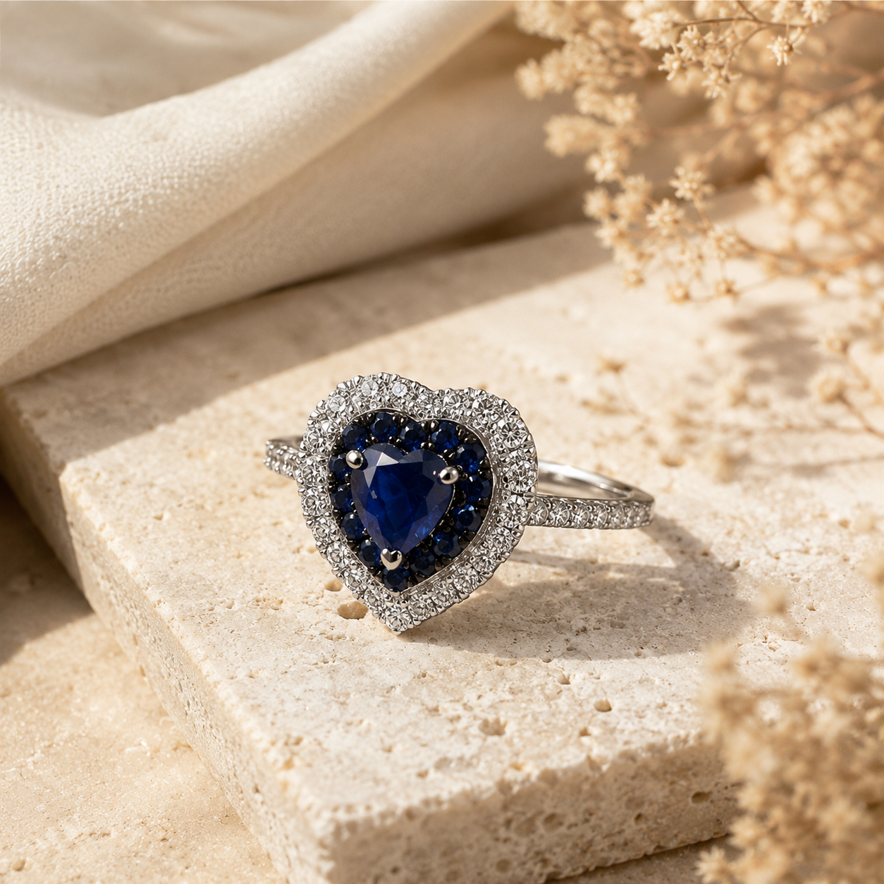 Dual Layer Diamond and Sapphire Heart Ring hearts
