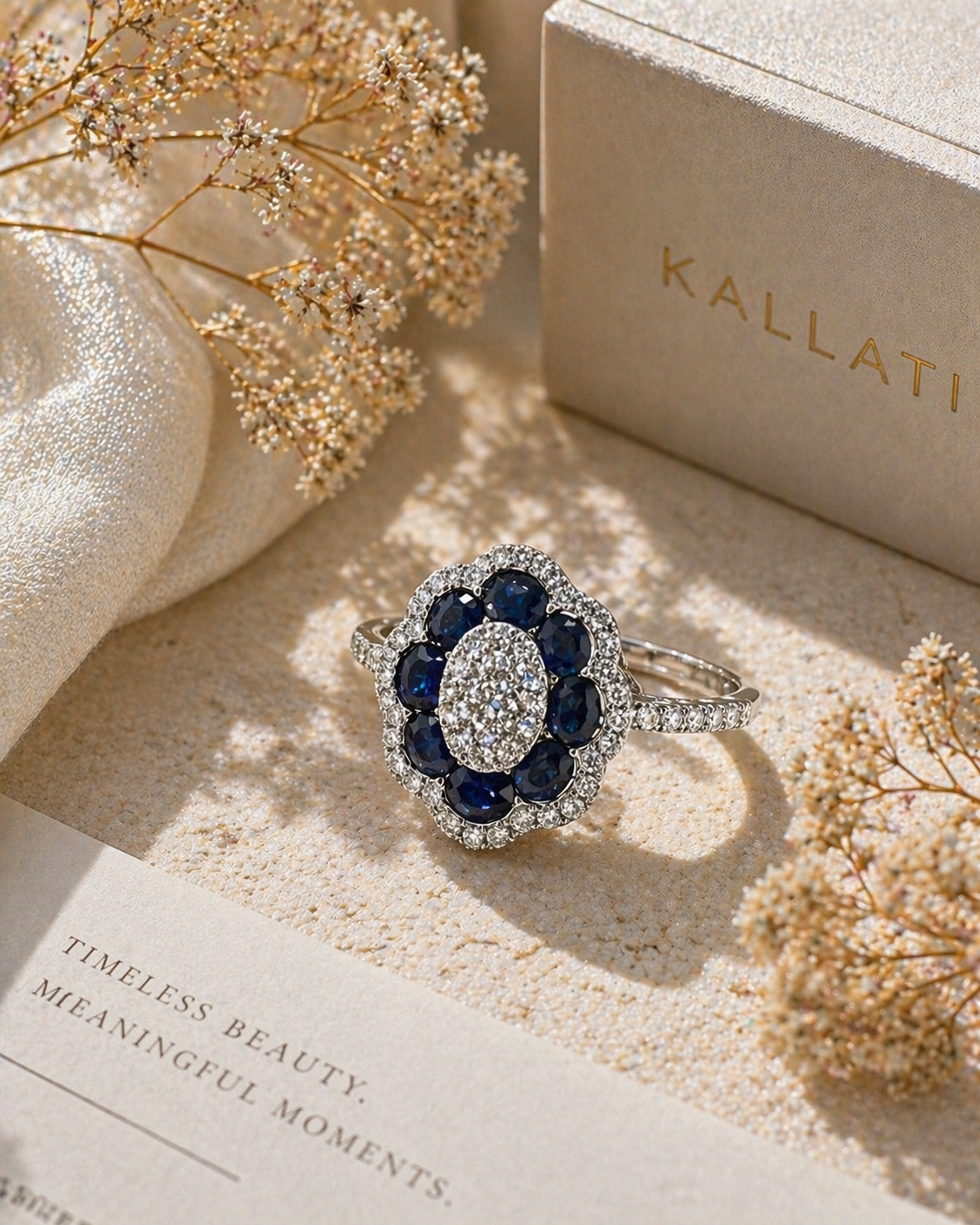 White Diamond and Blue Sapphire Large Flower Ring Blue Sapphire