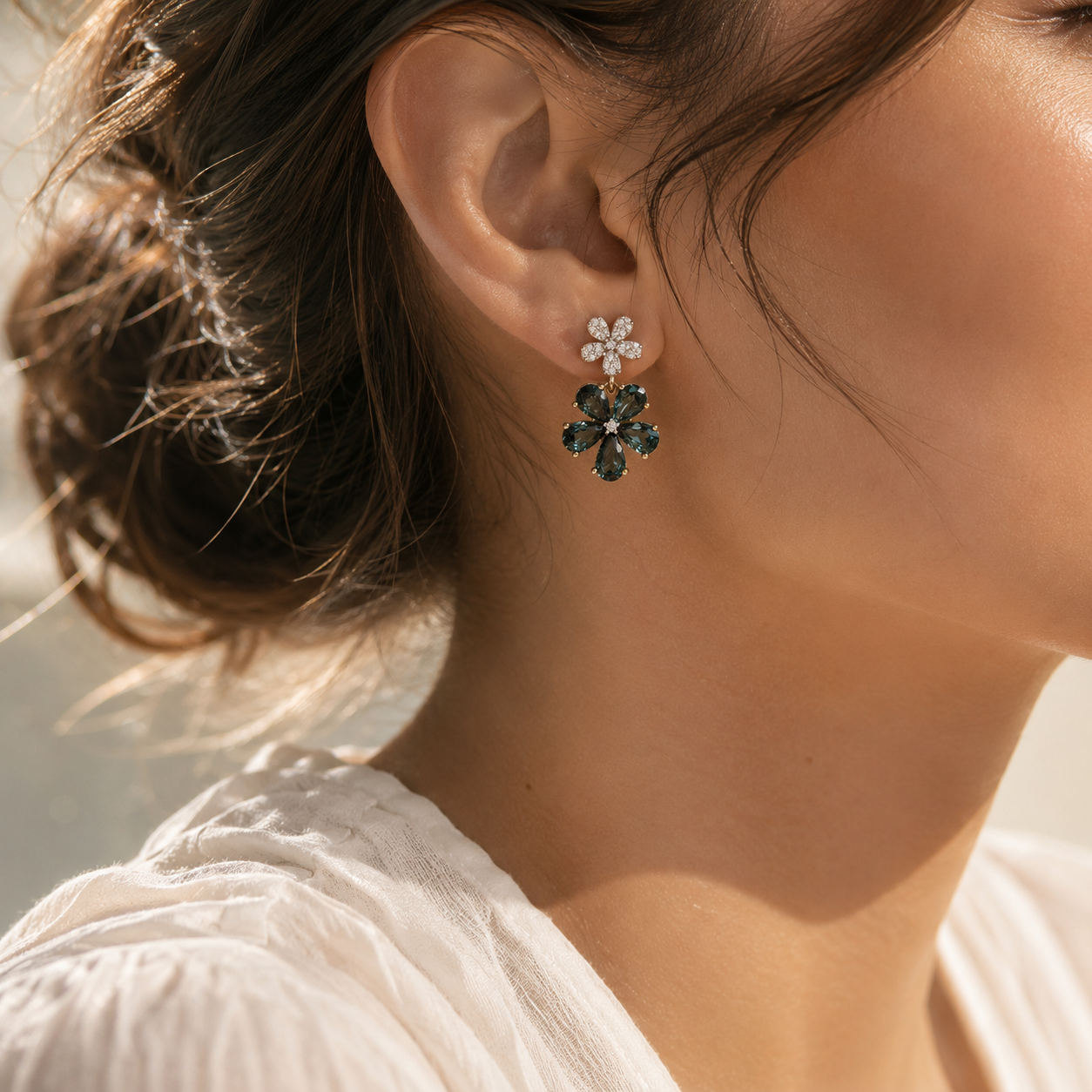 Diamond Sapphire Floral Drop Earrings teal sapphire