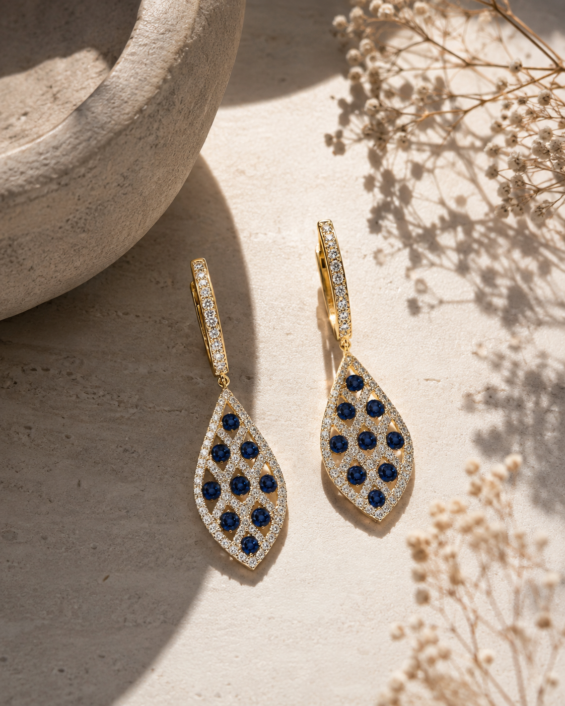 Spotted blue Sapphire & Diamond Dangle Huggies