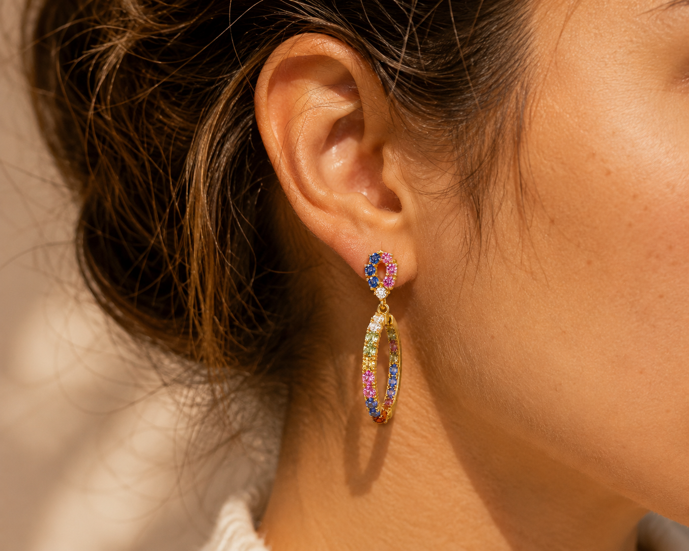 Rainbow Sapphire Drop Hoops