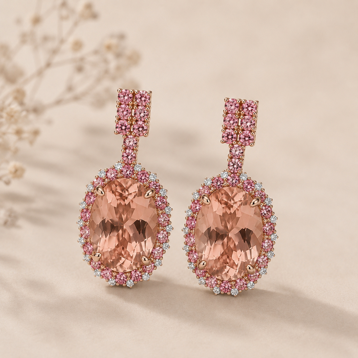 Pink Sapphire Halo Morganite Earrings Bespoke