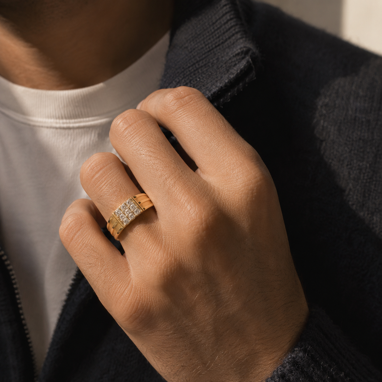 Ribbed Diamond Mens Ring