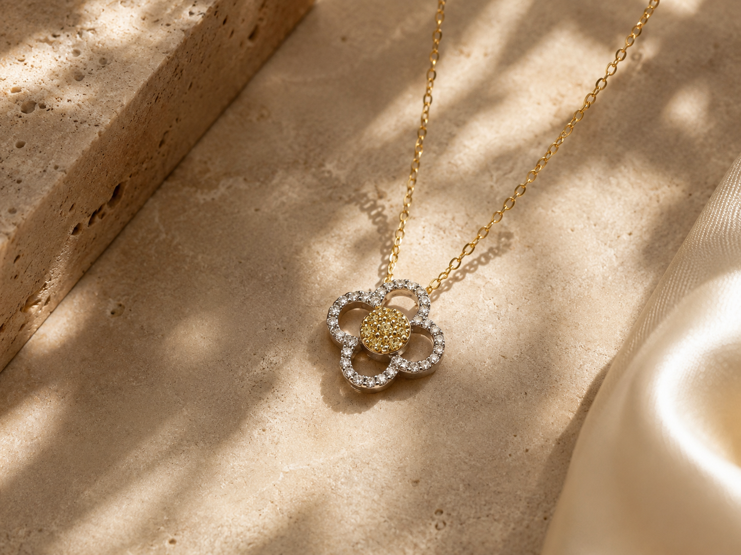 Yellow & White Diamond Open Floral Pendant Yellow Diamond