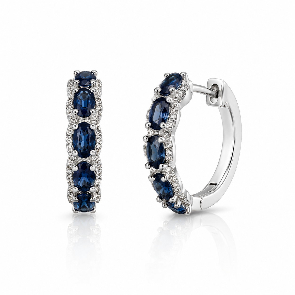 Oval Blue Sapphire and Diamond Hoops Blue Sapphire