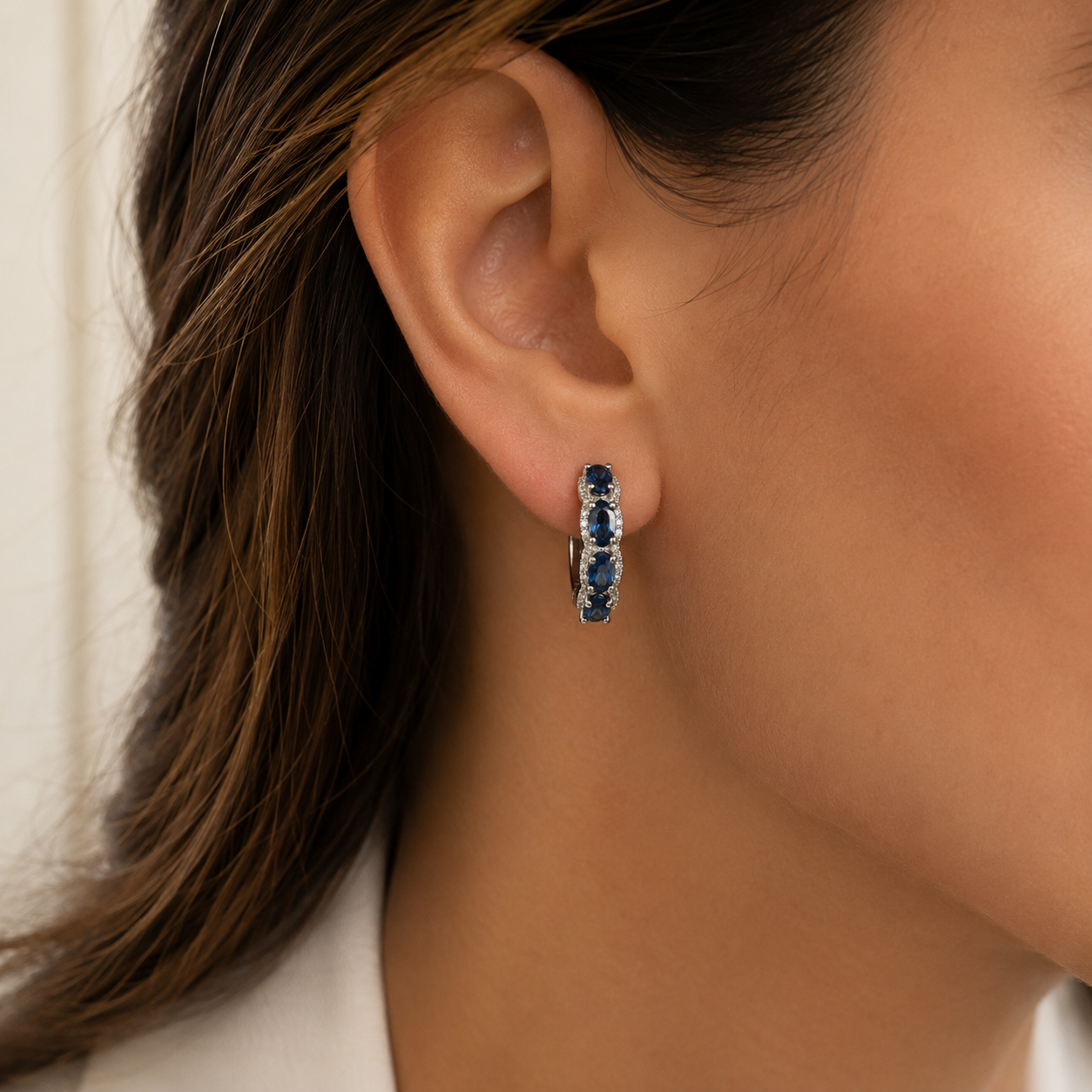 Oval Blue Sapphire and Diamond Hoops Blue Sapphire