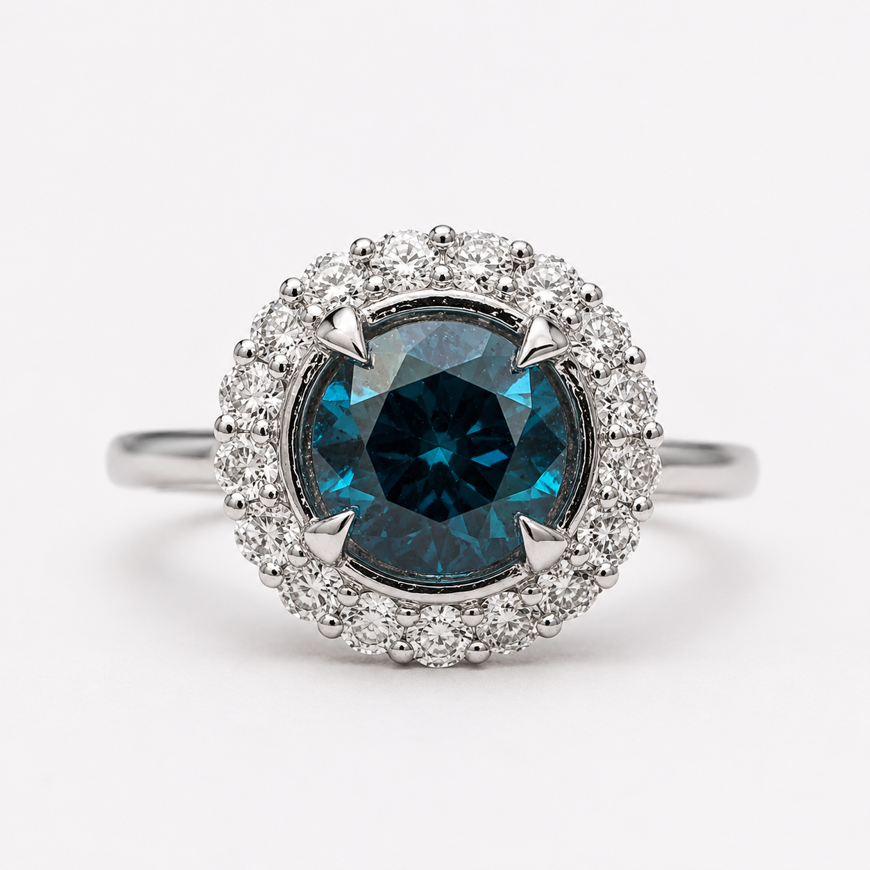 Curved Halo Blue Diamond Ring blue diamond