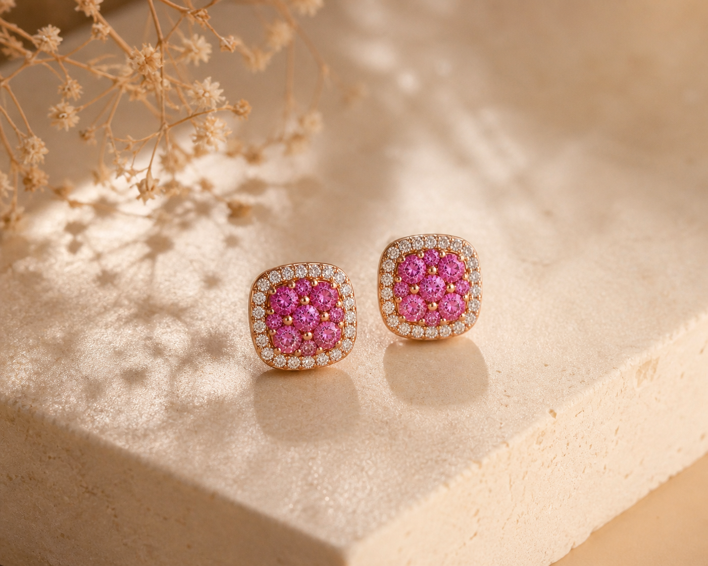 Pink Sapphire Mosaic Stud Earrings Pink Sapphire
