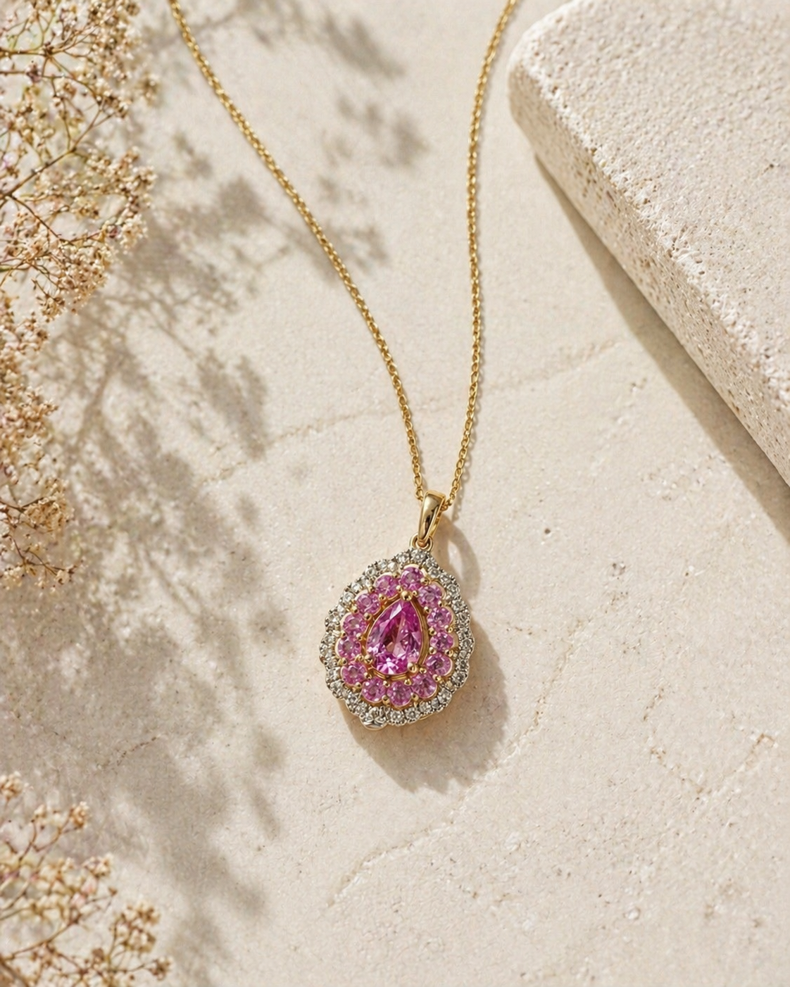 Radiating Pear Halo Pendant Pink Sapphire