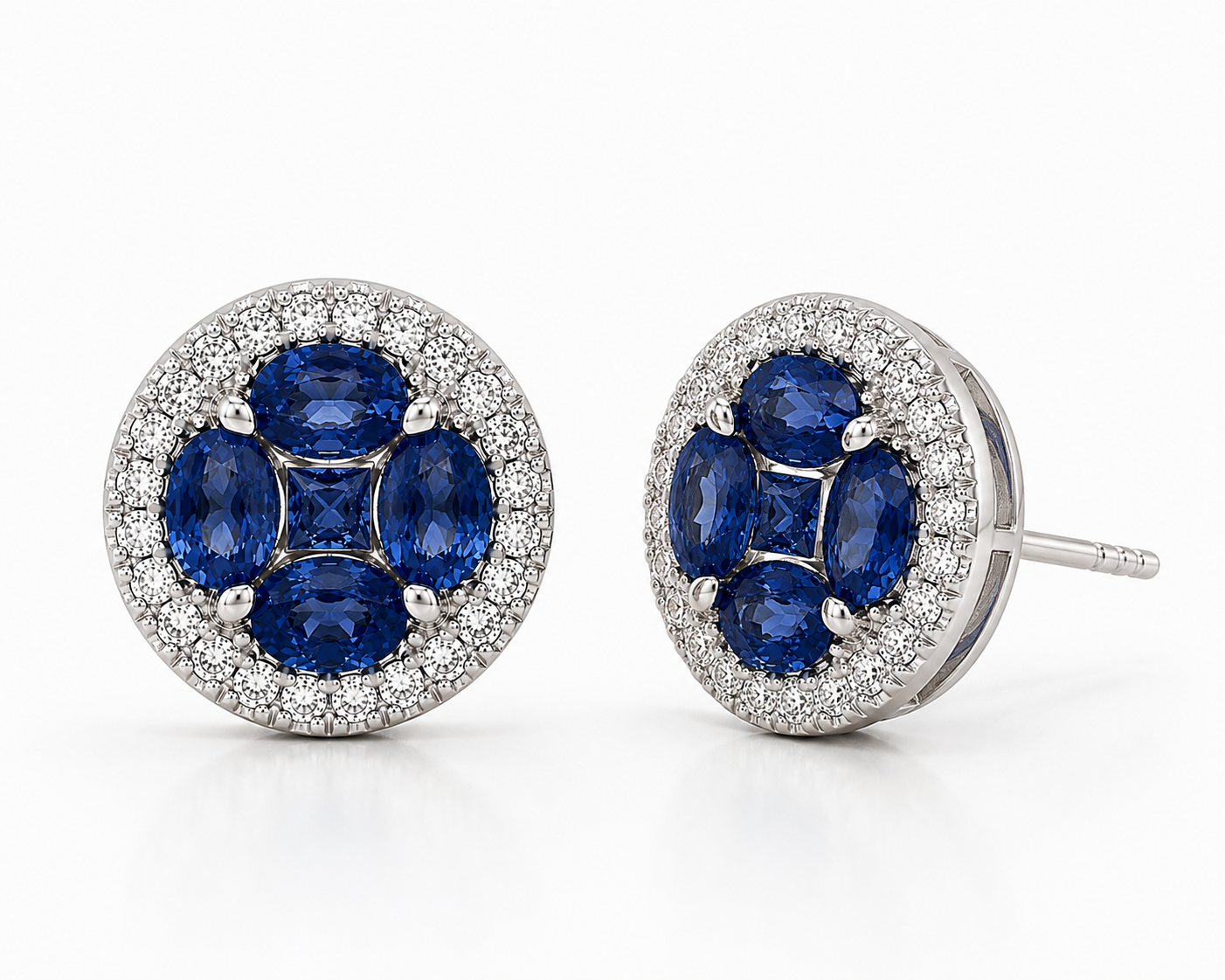 Blue Sapphire and White Diamond Clover Studs Blue Sapphire