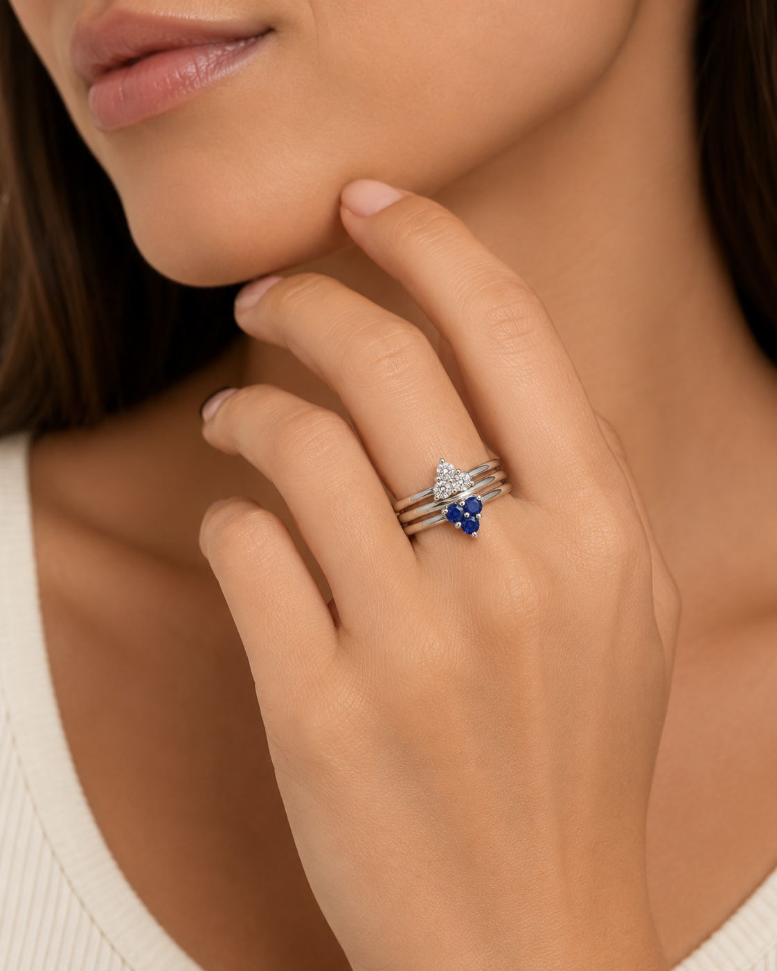 Blue Sapphire and White Diamond Triple Trio Band Blue Sapphire