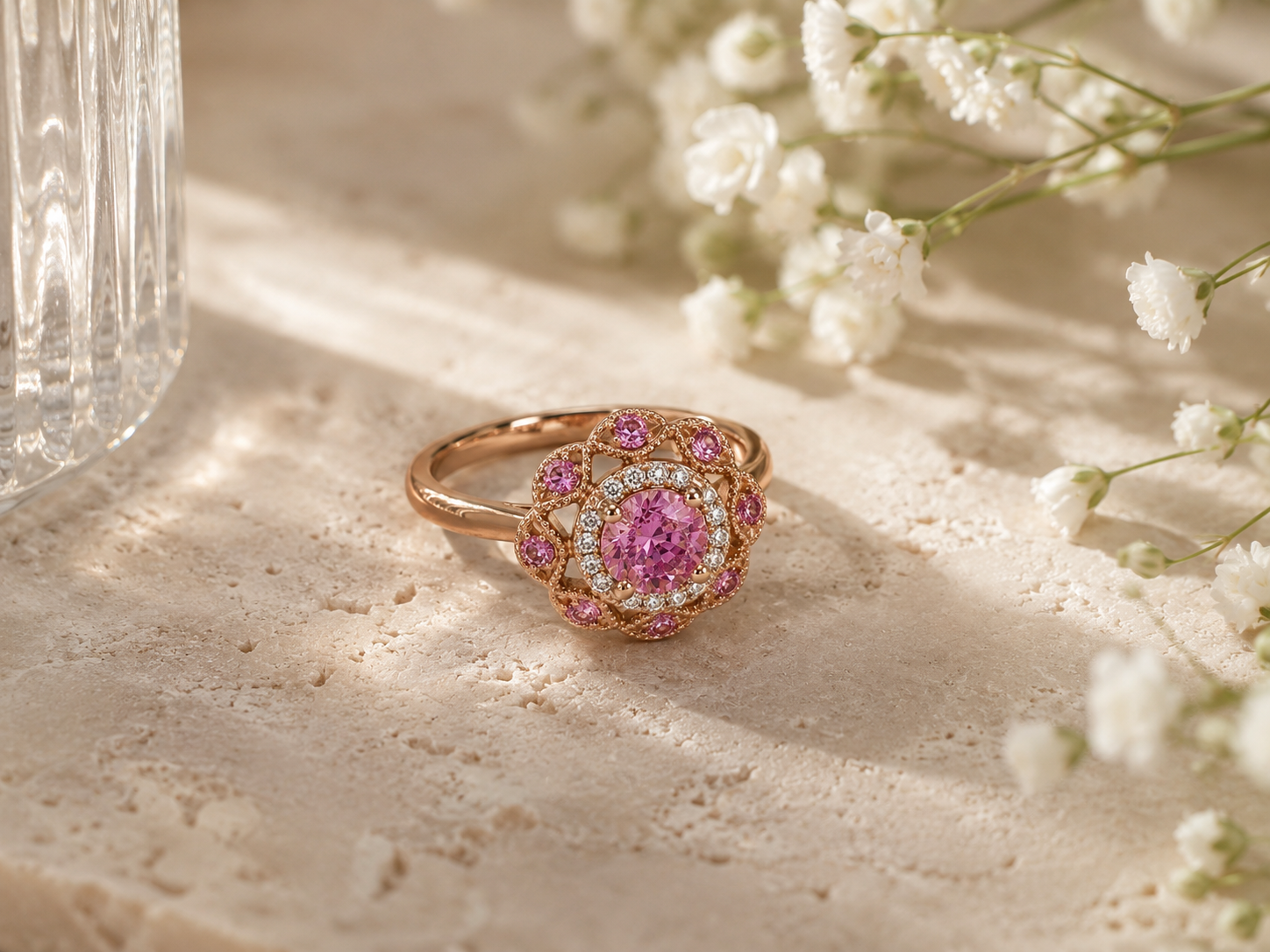 Rose Gold Pink Sapphire Halo Ring Pink Sapphire