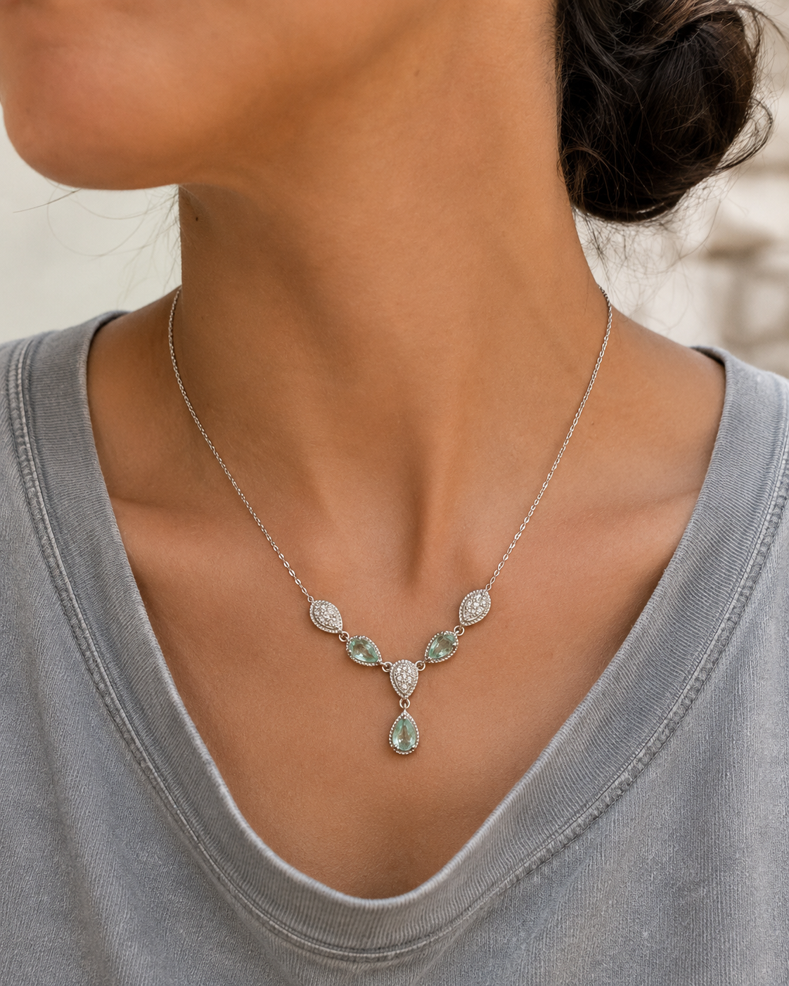 Seafoam Paraiba & Diamond Drop Necklace
