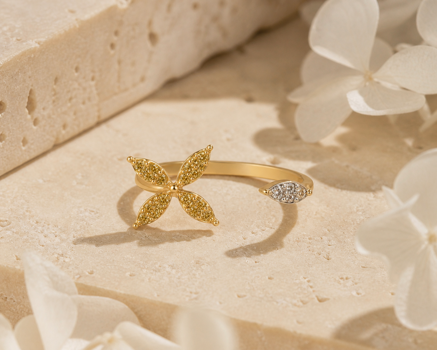 Yellow & White Diamond open Floral Ring Yellow Diamond