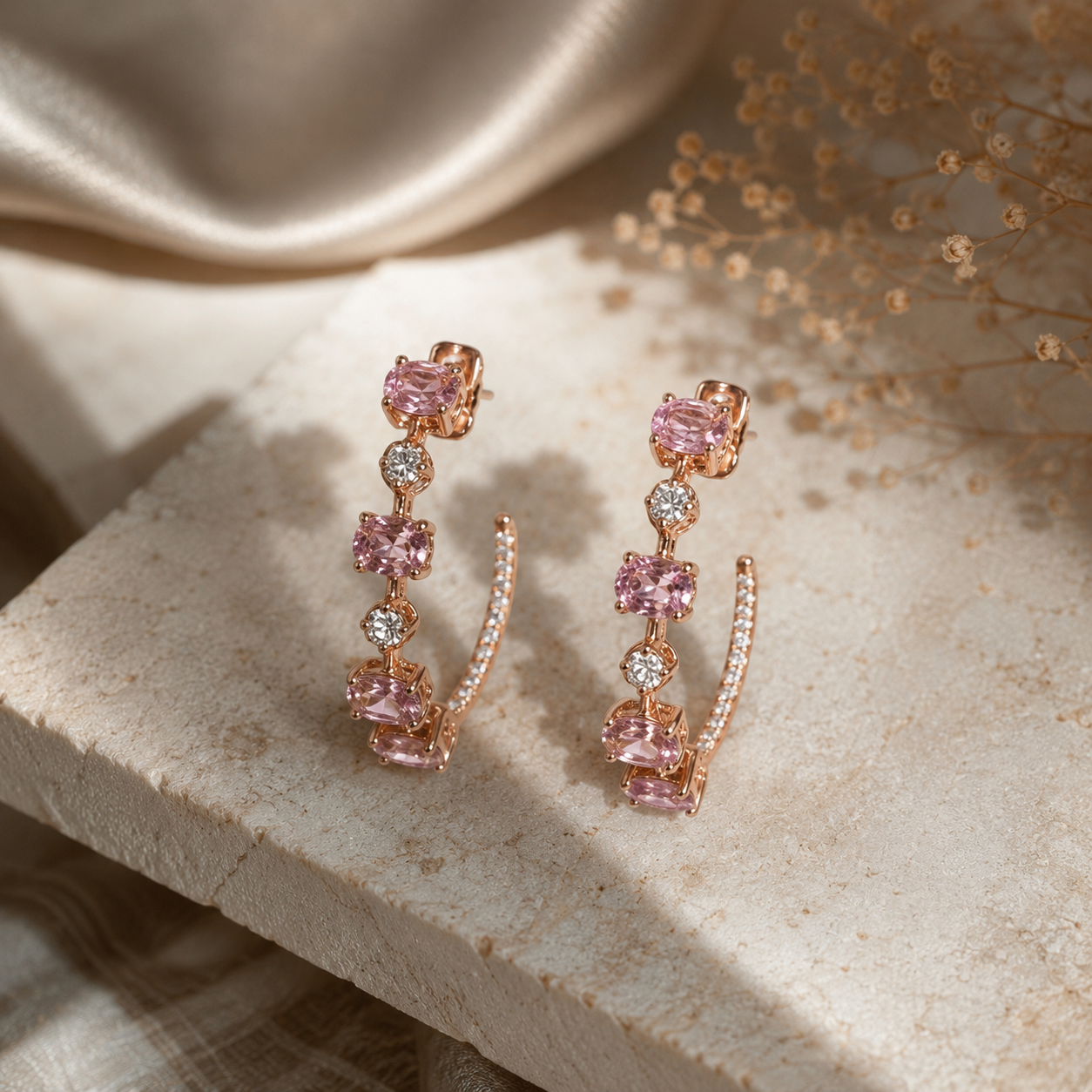 Oval Pink Sapphire & Diamond Hoops Pink Sapphire