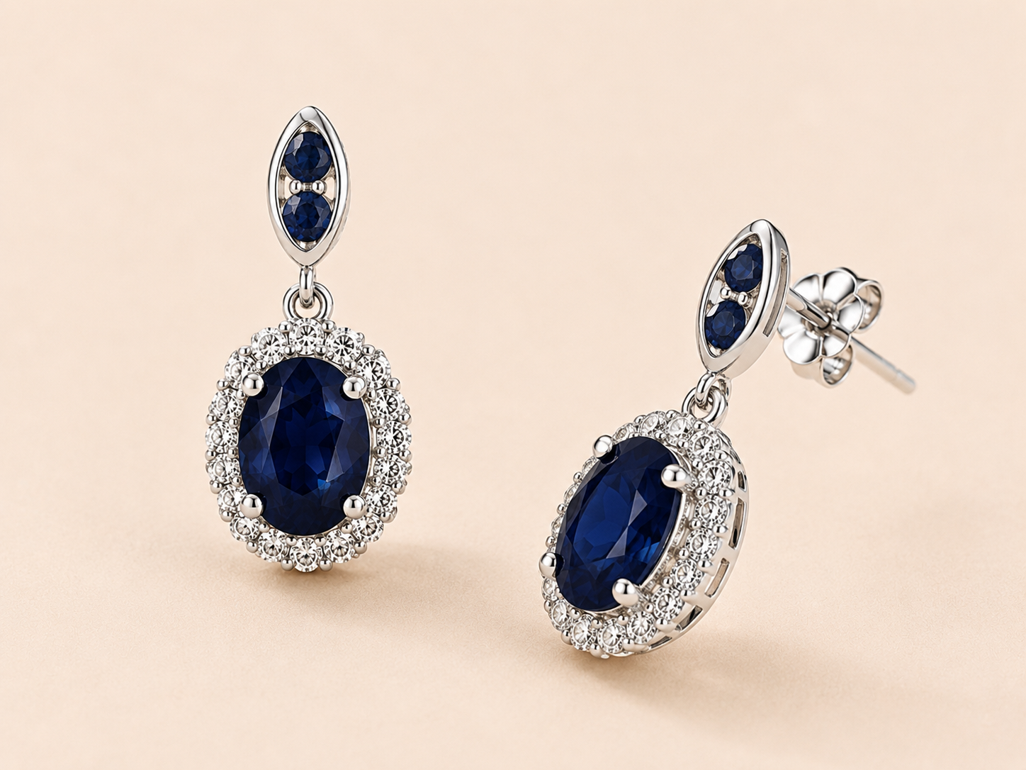 Oval Blue Sapphire and White Diamond Drops Blue Sapphire