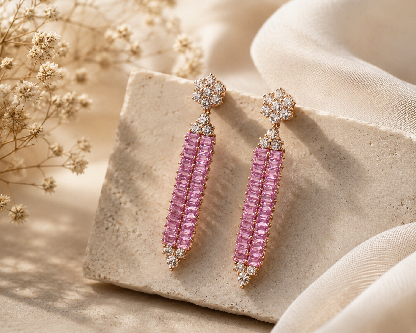 Baguette Pink Sapphire and Diamond Tennis Earrings Pink Sapphire