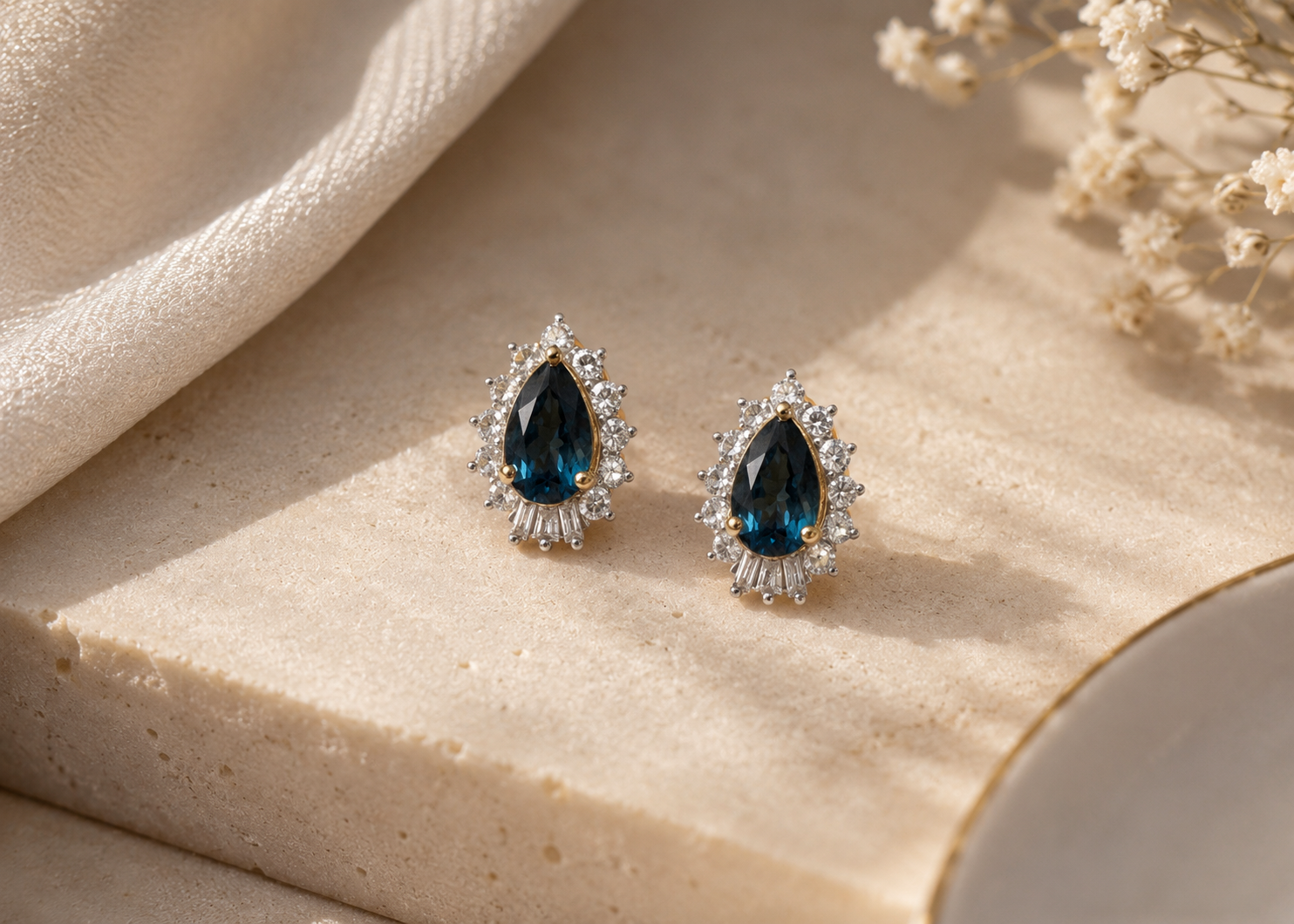 London Blue Topaz and White Diamond Pear Studs BLUE TOPAZ