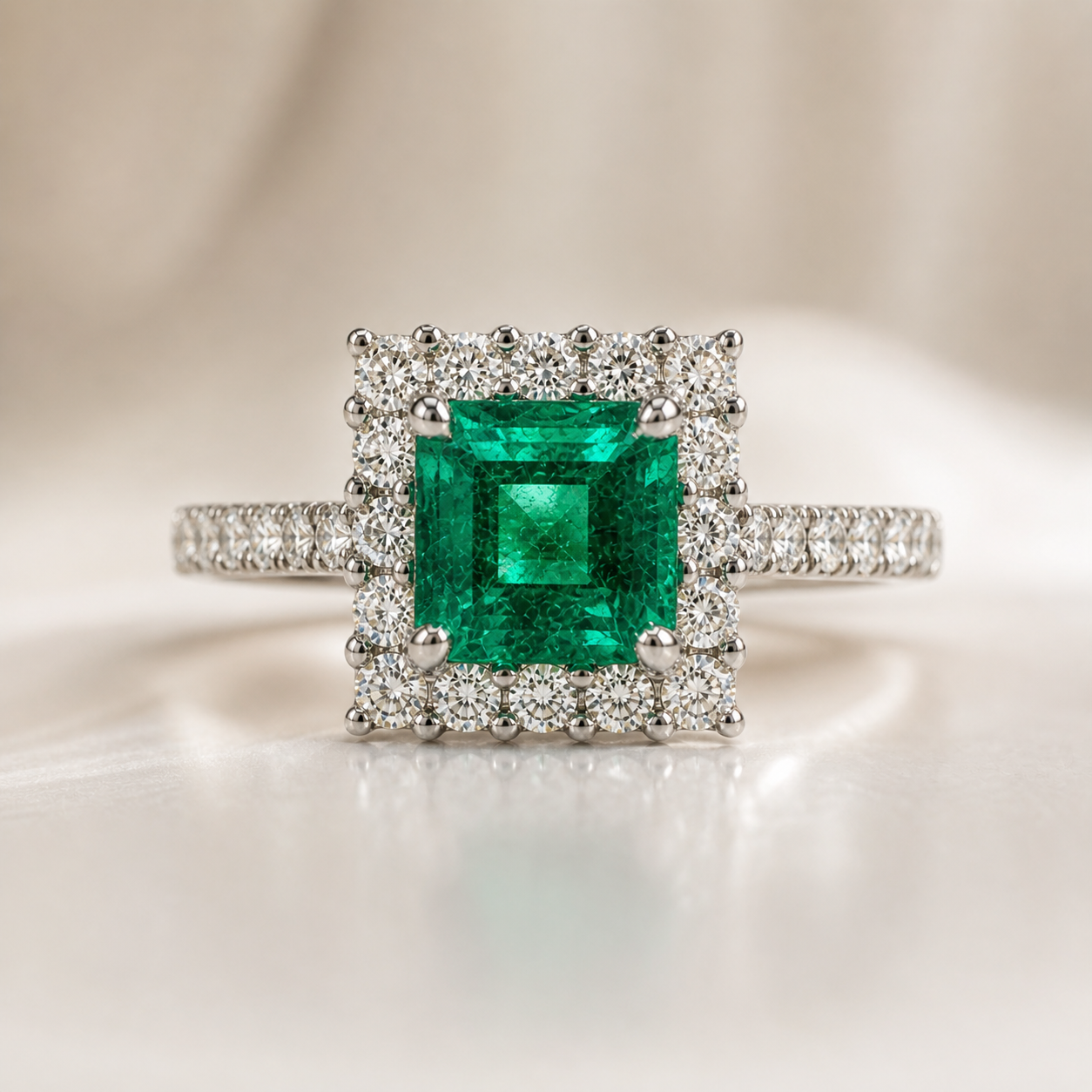 Princess Cut Colombian Emerald & Diamond Ring Emerald