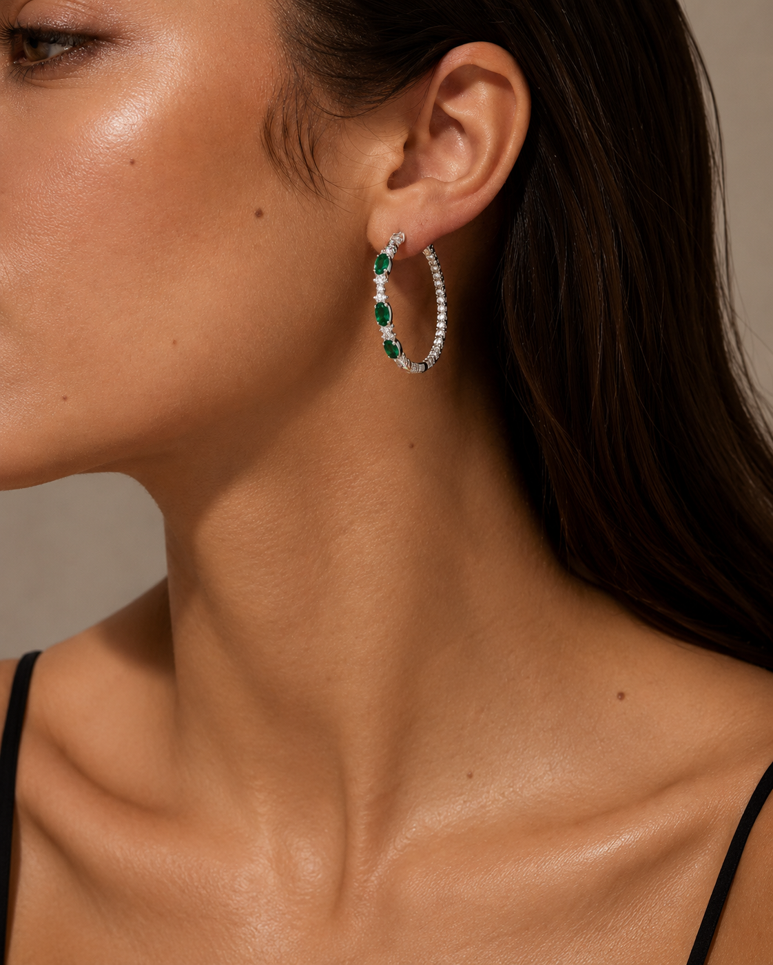 Emerald Oval Cut Diamond Hoops Emerald
