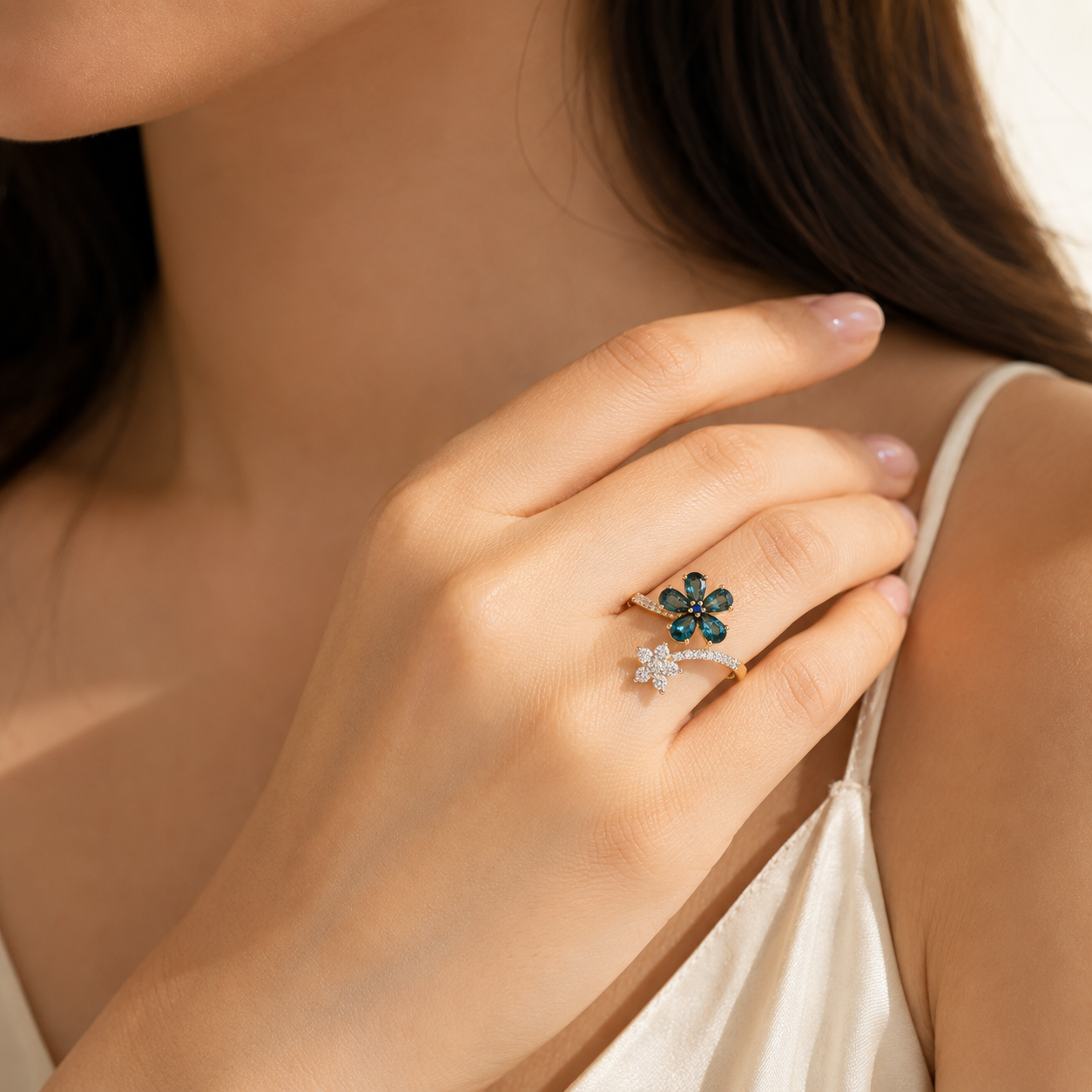 Budding Flowers Sapphire & Diamond Ring Blue Sapphire