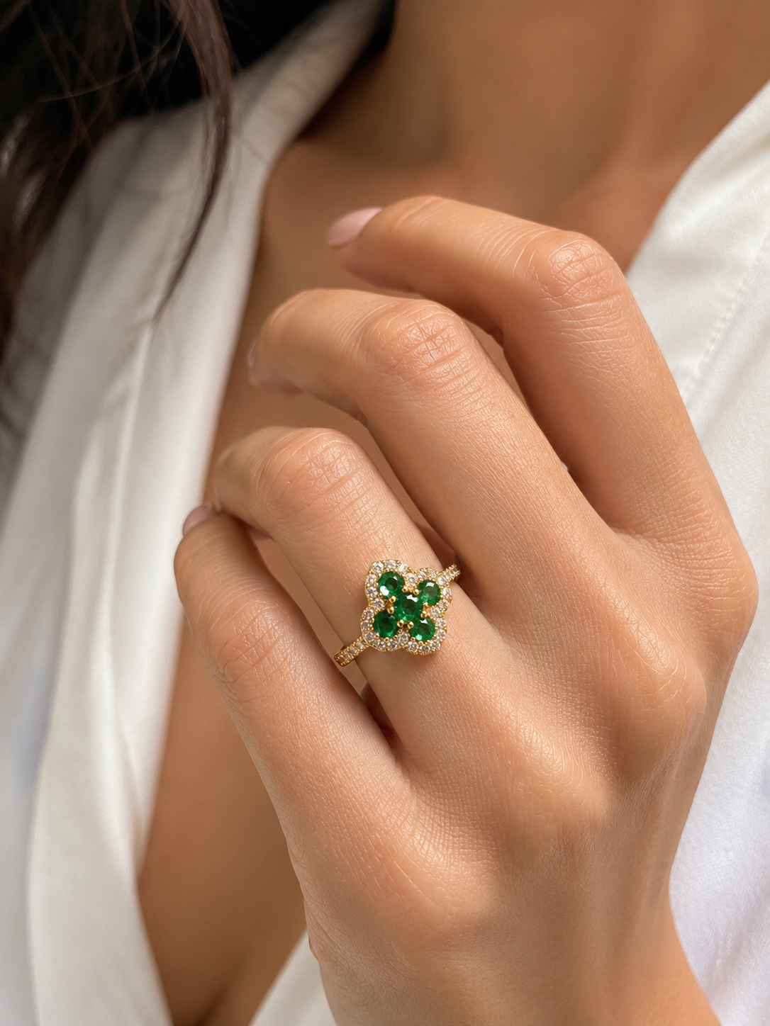 Clover Emerald and Diamond Ring Emerald