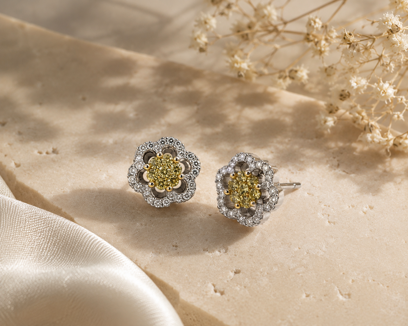Open Yellow and White Diamond Studs Ok
