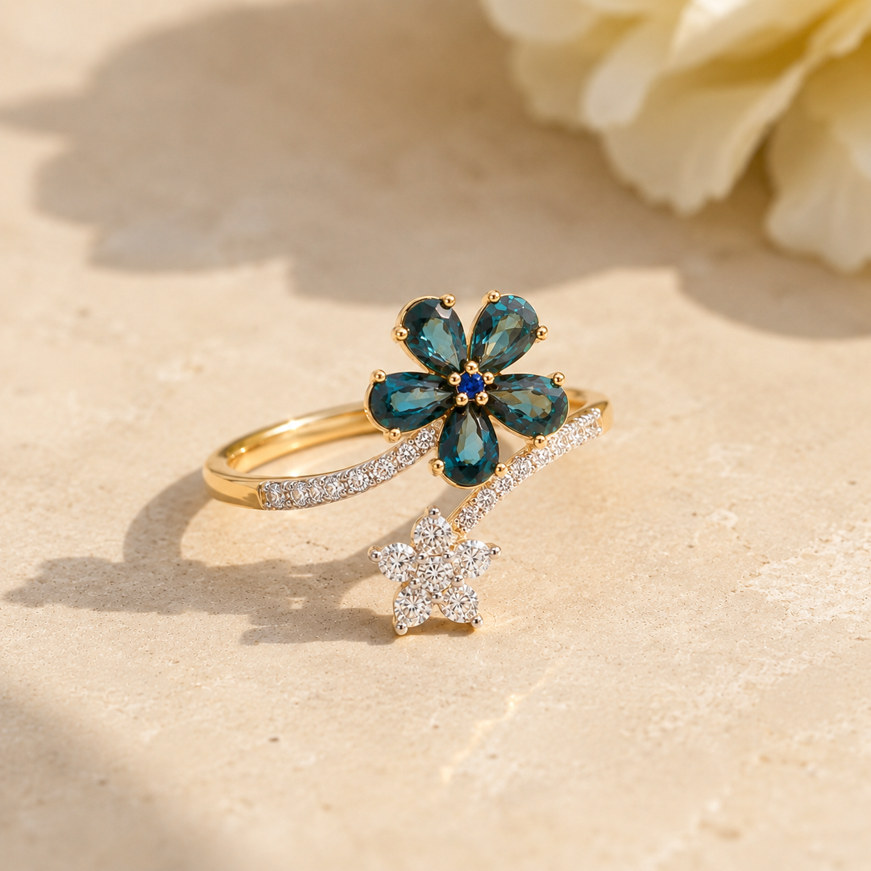 Budding Flowers Sapphire & Diamond Ring Blue Sapphire