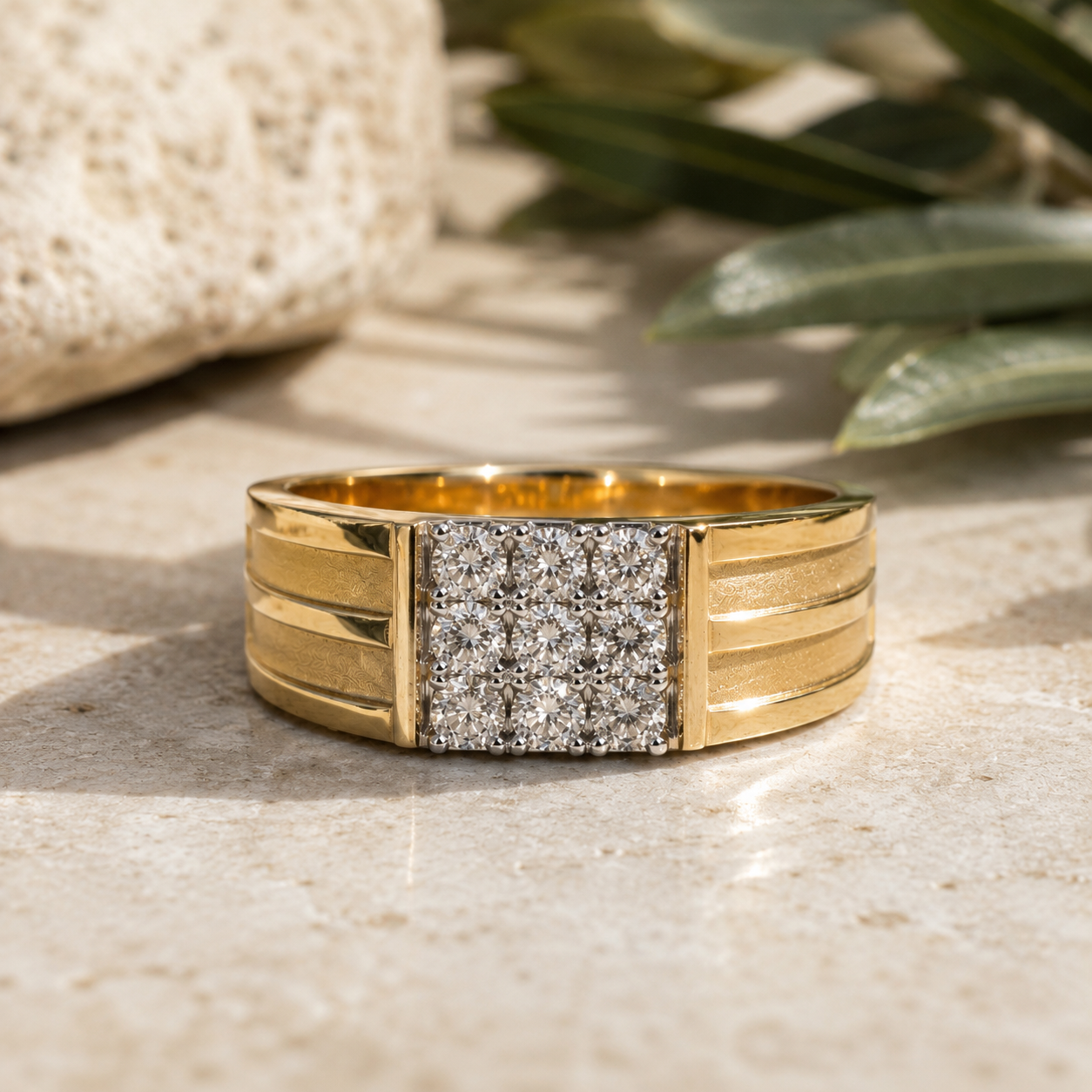Ribbed Diamond Mens Ring